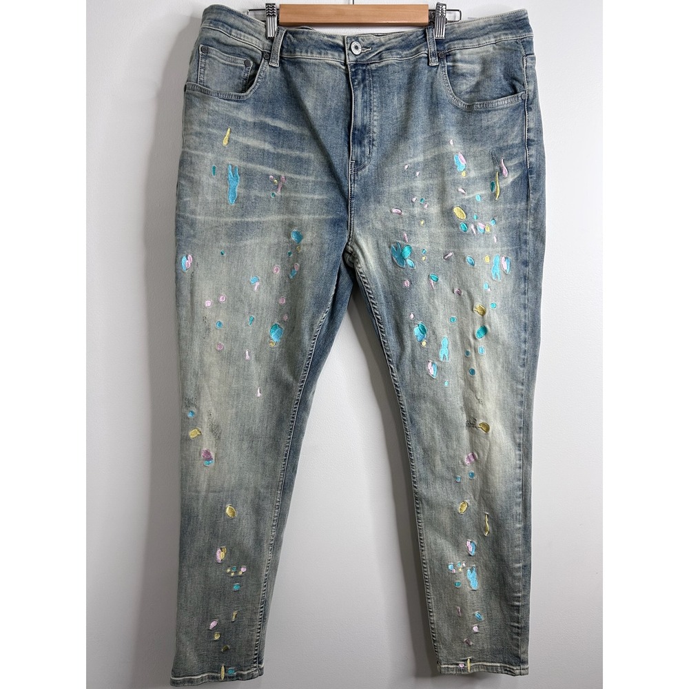 Serenade Mens Light Wash Embroidered Paint Splatter Slim Jeans Size 44 Blue